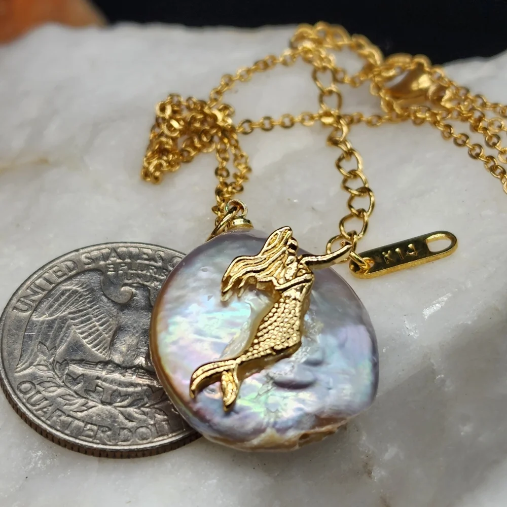Minimalist Jewelry Mermaid Pendant Natural Pearl 14k Gold plated Necklace